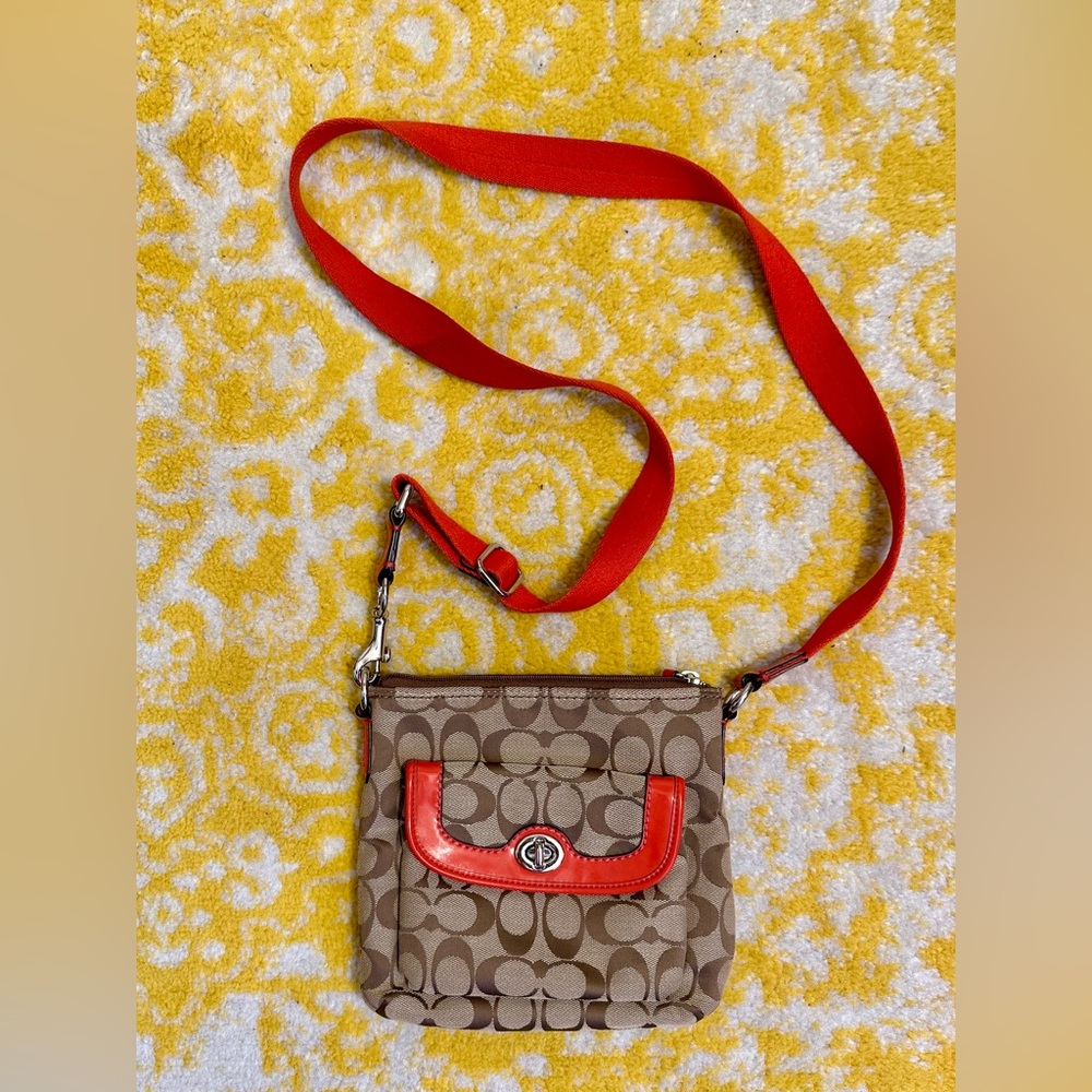 Coach Signature Tan and Orange Cross Body Purse